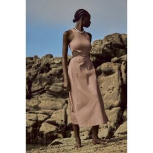 Zara Tan Sleeveless A-Line Cut Out Midi / Maxi Dress Cotton Blend Size Medium